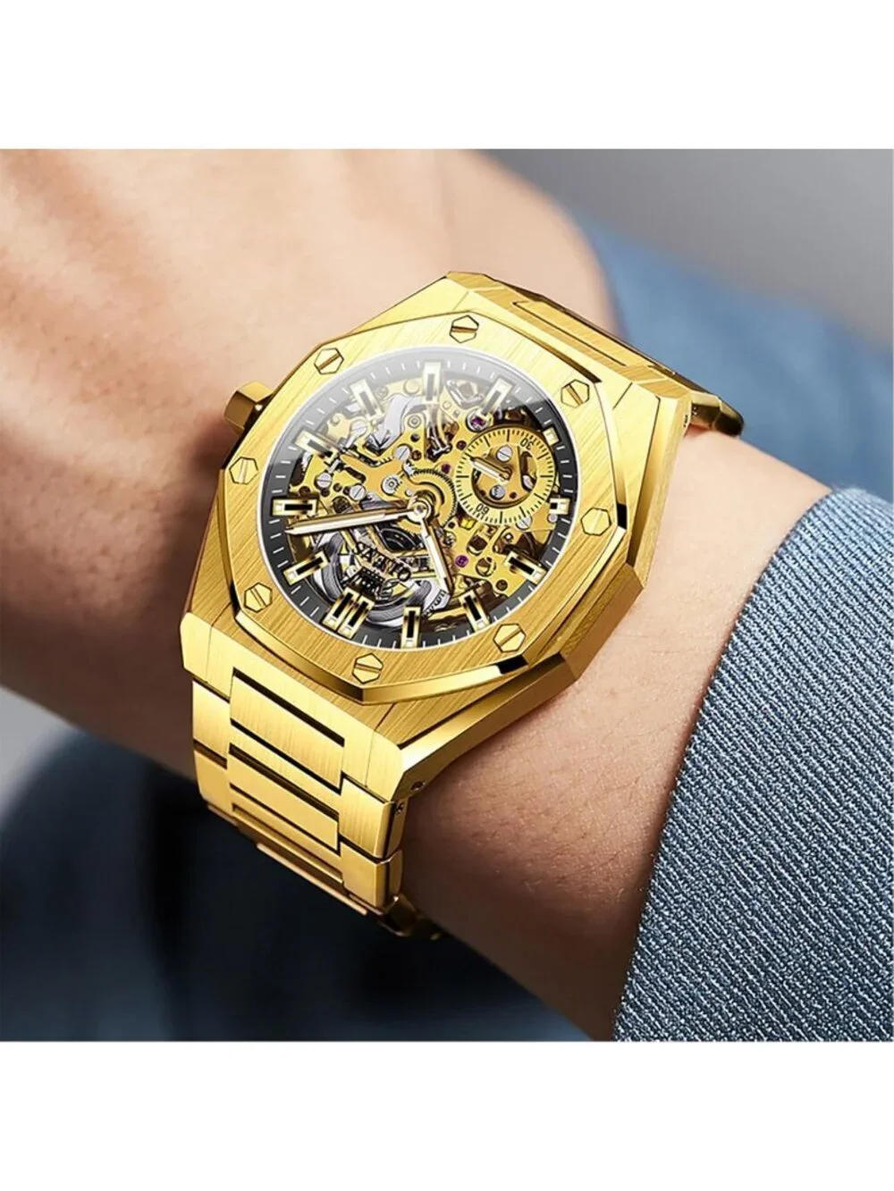 Mens Gold Geometric Quartz Stainless Waterproof Luminous Luxury Wooden Watch